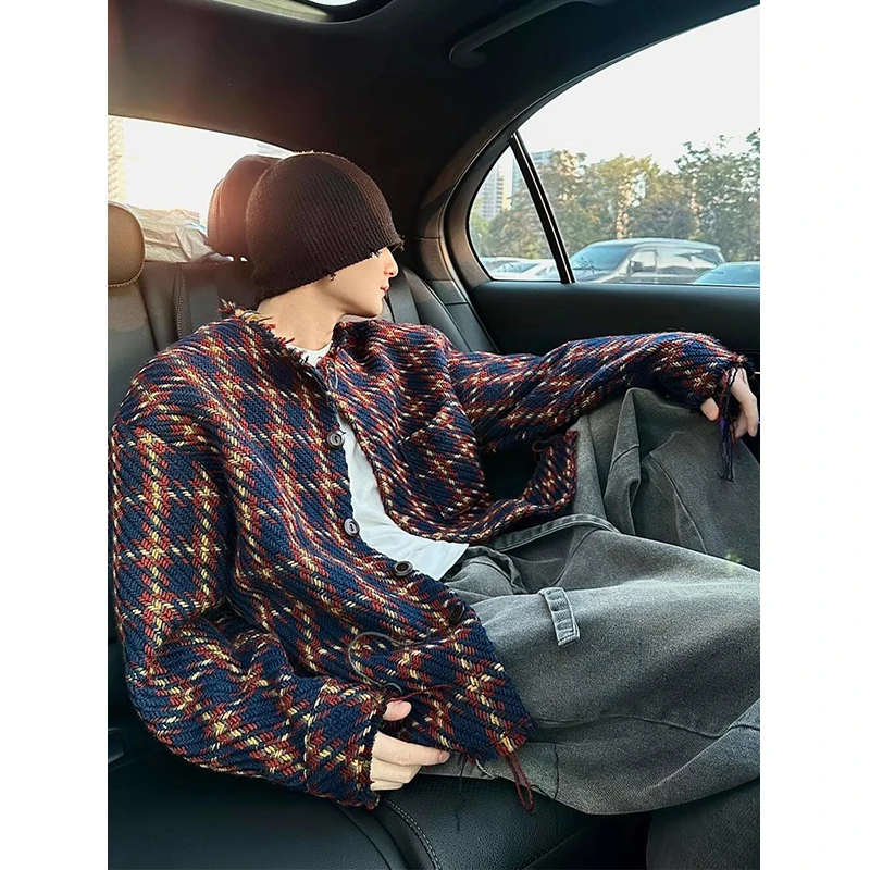 美式复古编织小香风格子毛呢外套男秋冬款设计感cleanfit情侣夹克