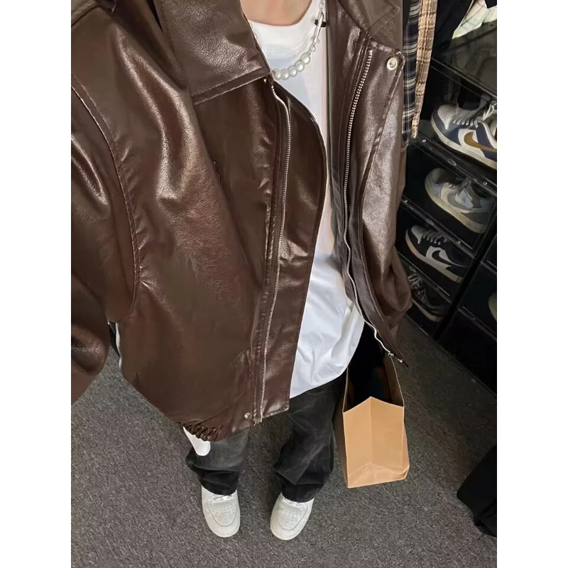 美拉德穿搭咖棕色皮衣外套男潮高级感秋季欧美hiphop高街pu皮夹克