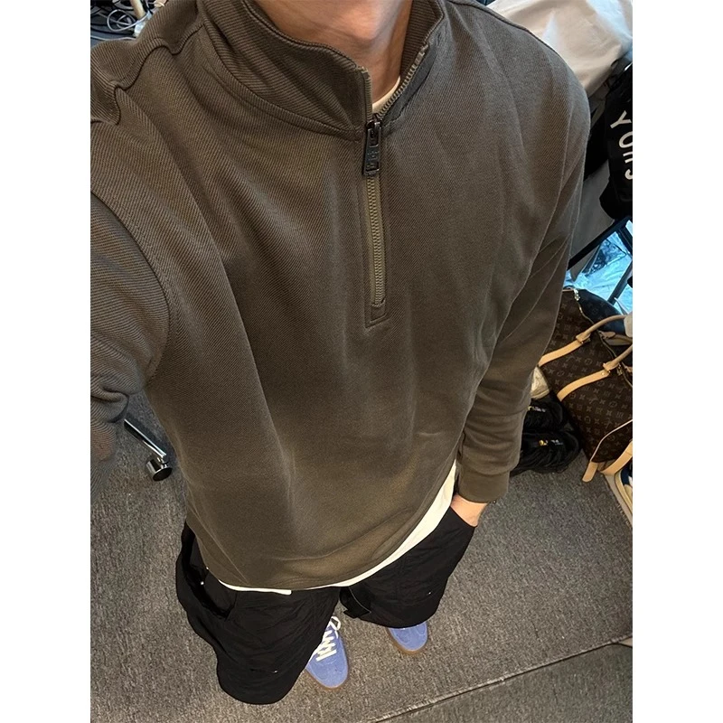 灰绿色立领半拉链卫衣男款春秋高级感华夫格重磅上衣美式复古外套