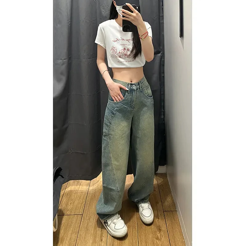 复古蓝工装弯刀牛仔裤男夏季薄款美式高街裤子水洗做旧直筒阔腿裤