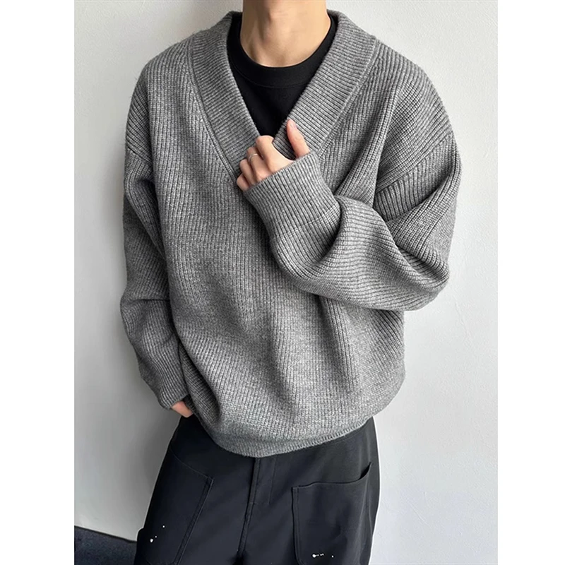 灰色美式复古v领毛衣男款冬季慵懒风高级感cleanfit鸡心领针织衫