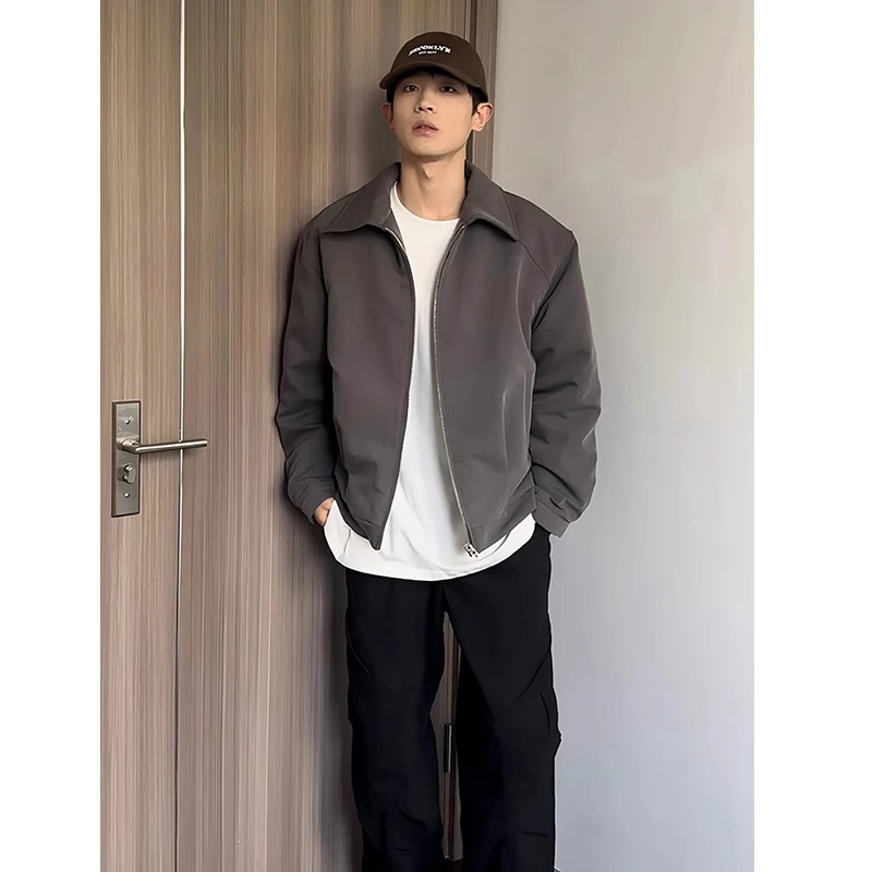 廓形灰色西装外套男秋冬短款美式夹棉棒球服翻领行政夹克棉服