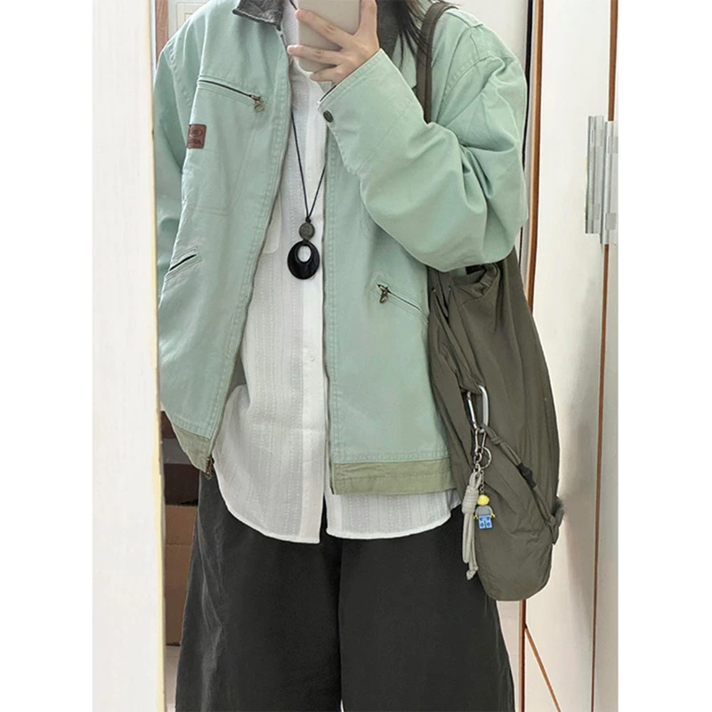 薄荷绿底特律工装夹克男春秋季美式哈灵顿外套翻领vintage棒球服