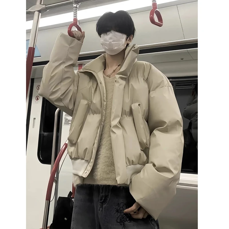 浅棕色短宽廓形棉服男款冬季美式短款棉衣外套立领保暖加厚面包服