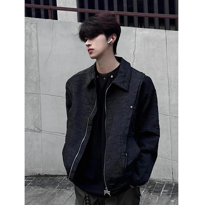 黑色褶皱外套男春秋季铆钉设计感痞帅机车服美式短款飞行员夹克