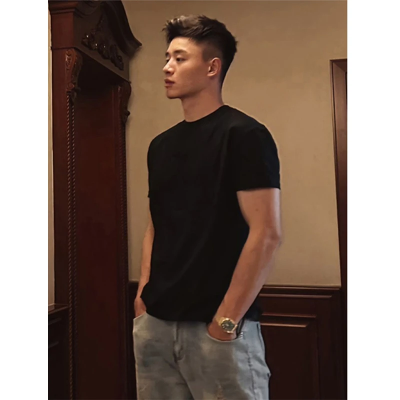 纯黑色正肩高克重T恤男士健身显肌肉纯棉短袖cleanfit小领口半袖