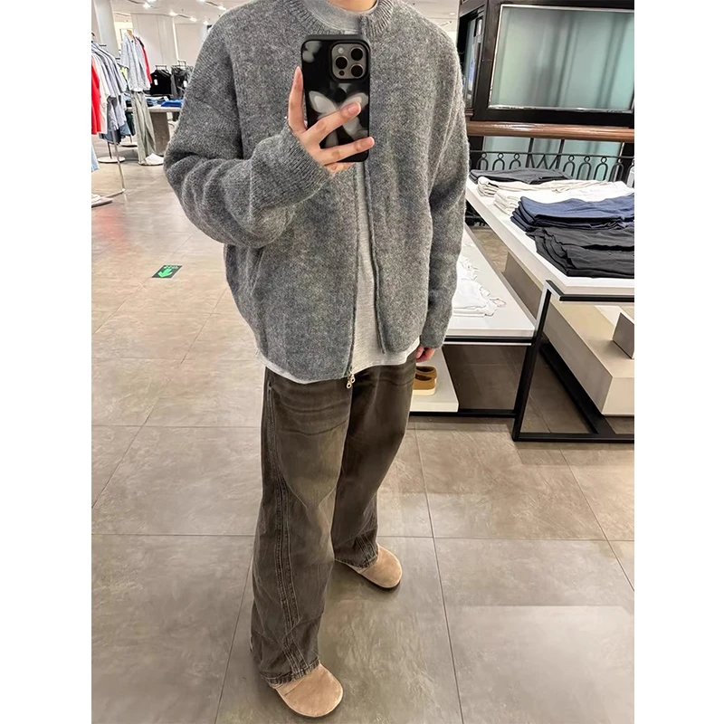 马海毛针织开衫外套男春秋款拉链毛衣慵懒高级感短款cleanfit上衣