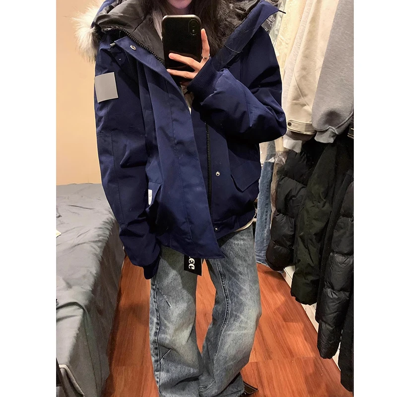 蓝色毛领连帽棉服男冬季加厚防寒保暖棉衣外套美式复古工装派克服