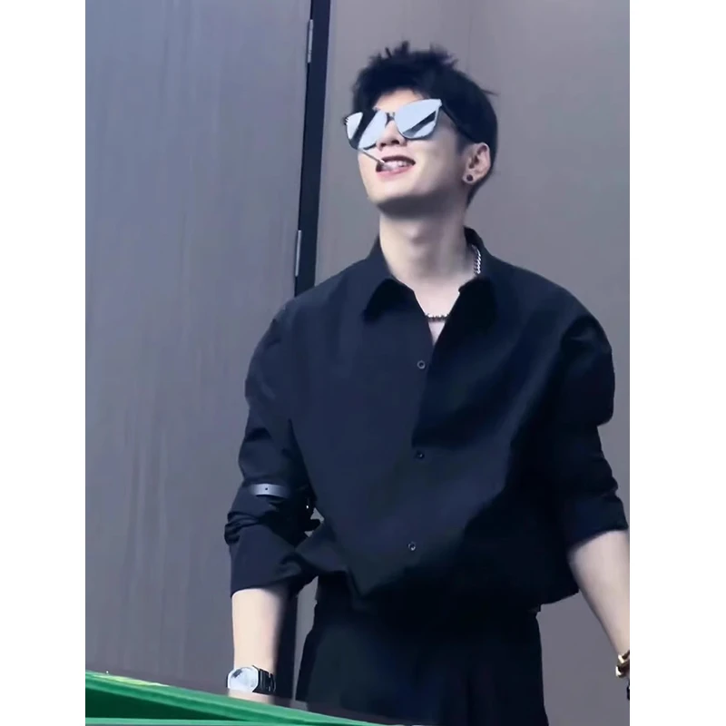 黑色那不勒斯衬衫男款高级感痞帅春秋西装内搭衬衣长袖禁欲系外套