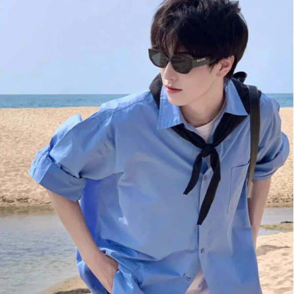 克莱因蓝色衬衫男长袖高级感夏季薄款半袖外套海边穿搭氛围感衬衣