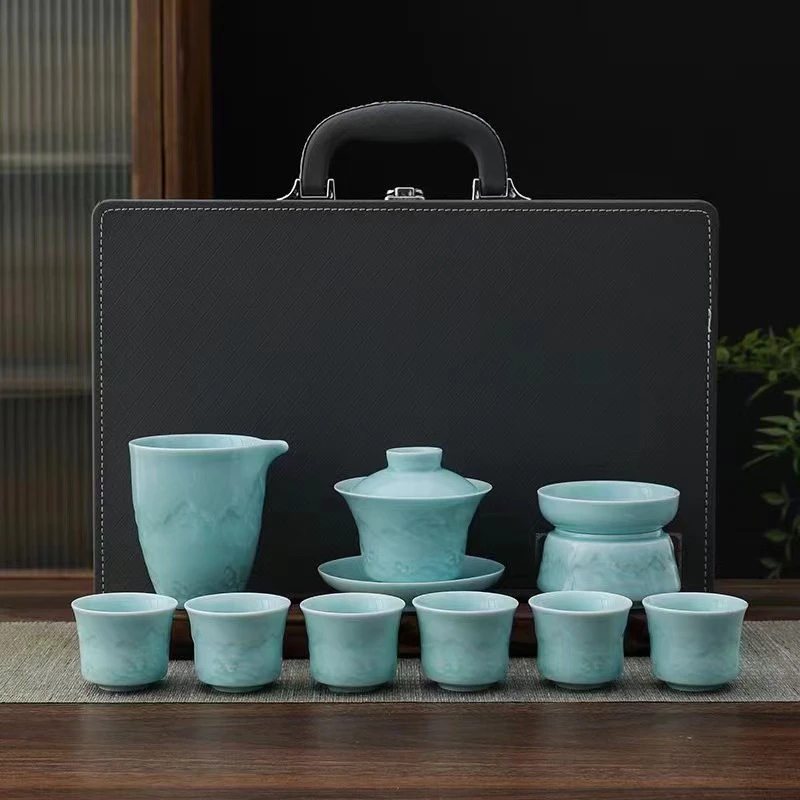 影青白瓷浮雕山水三才盖碗中式家用茶具套装