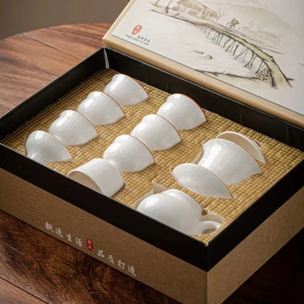 白哥窑套组陶瓷纹理茶杯精致陶瓷茶具飘逸生活