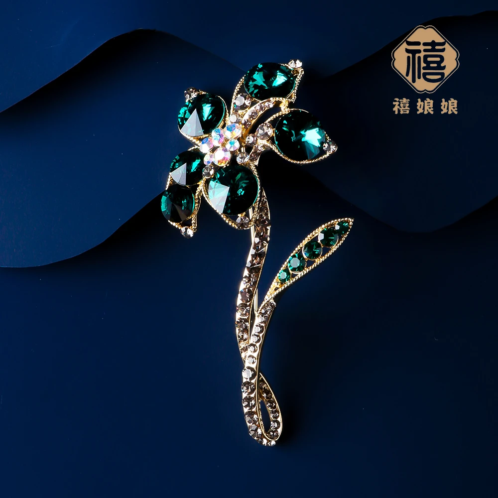 铜合金仿水晶胸针 禧娘娘时尚轻奢高档胸针-君子花绿色S1662