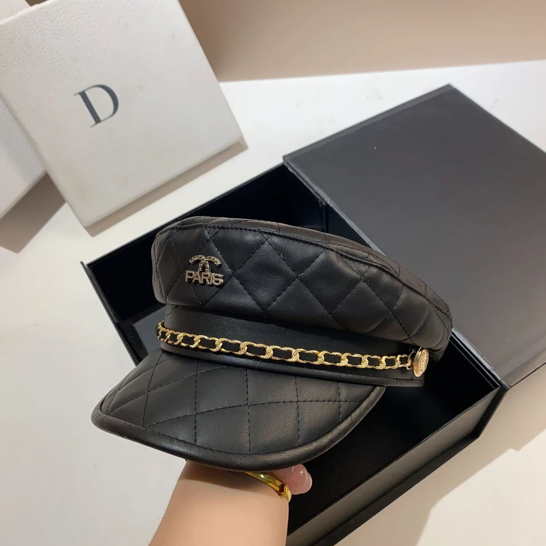 小香风格子海军帽欧美英伦个性链条报童帽春秋时尚皮质平顶鸭舌帽