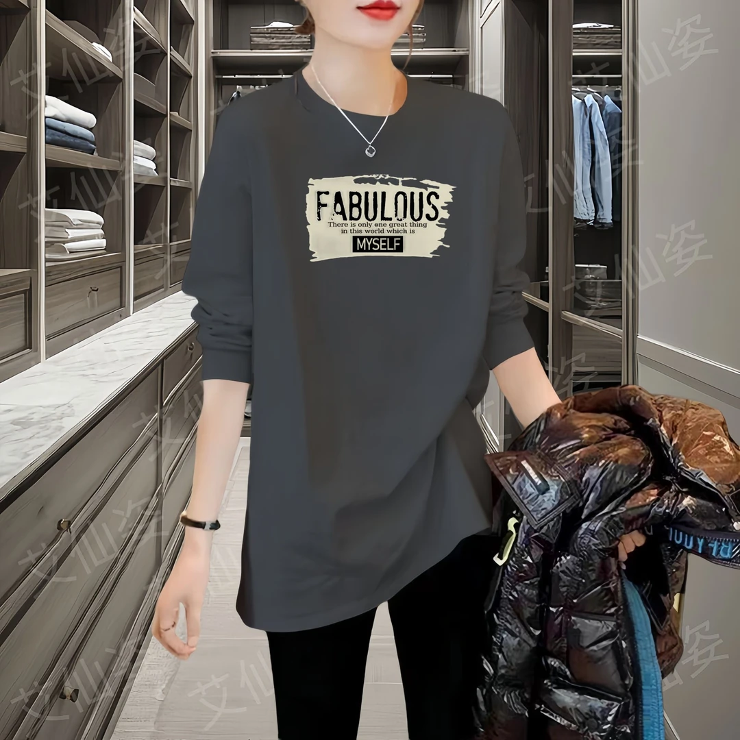 纯棉大码t恤女长袖内搭上衣秋季胖mm宽松显瘦中长款遮屁股打底衫