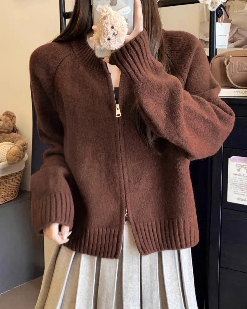 清-玲姐家咖色软糯韩系短款双拉链短款加厚毛衣针织开衫412917