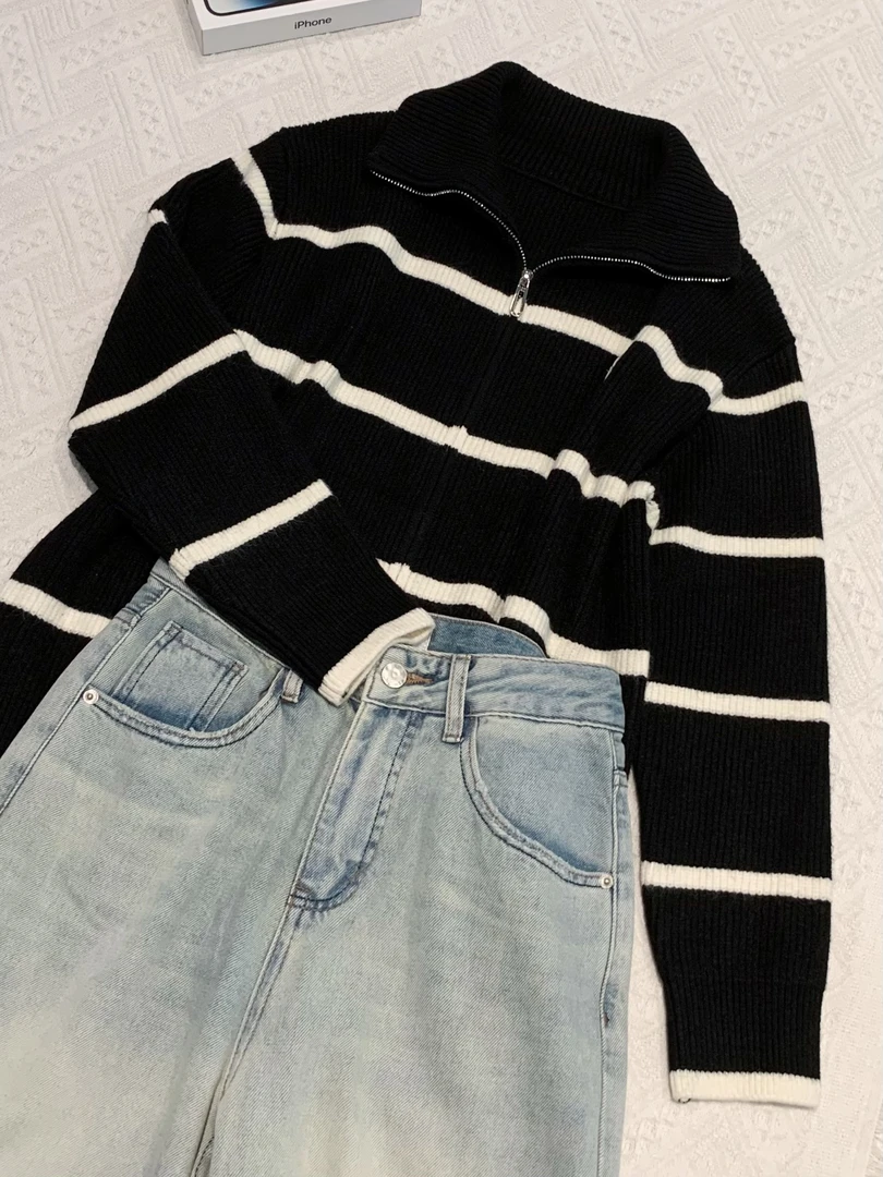 清-玲姐家秋季洋气时髦条纹款立领拉链式针织开衫50150-黑色