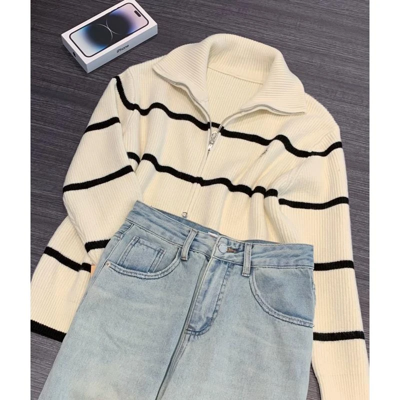 清-玲姐家黑白条纹立领拉链式针织开衫50150-白色