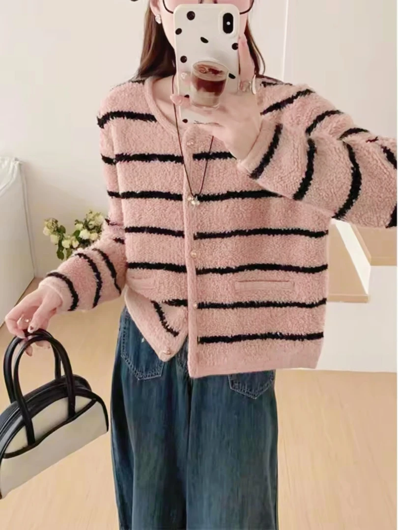 清-玲姐家少女粉新款高级感慵懒风时尚条纹针织开衫303344