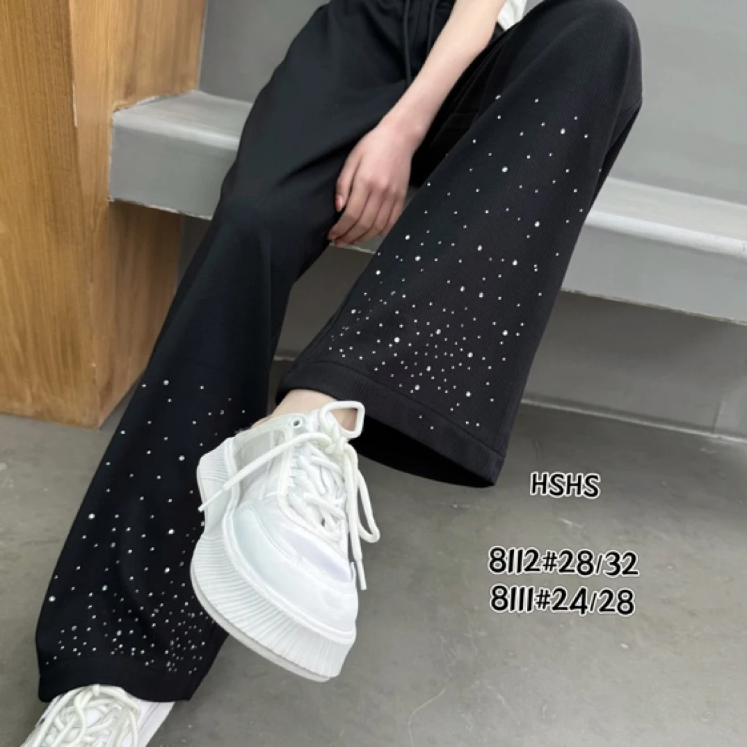 【8111】女童烫钻中大童休闲裤阔腿裤微喇阔腿裤显瘦高腰时尚夏季黑