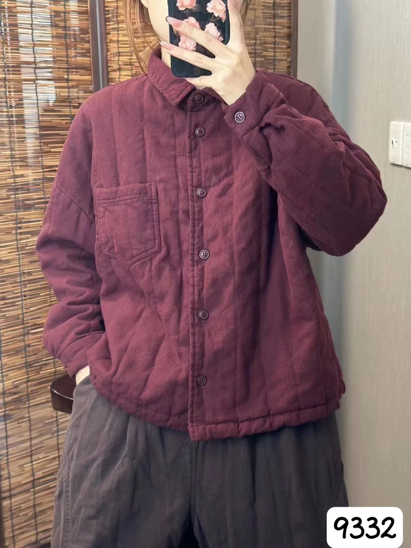 古咖服饰冬季复古砂洗亚麻绗线夹棉外套女式翻领宽松加厚保暖棉衣