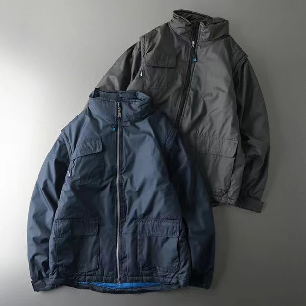 冬季时尚防风防水纯色可拆卸袖子连帽工装风棉服W1130