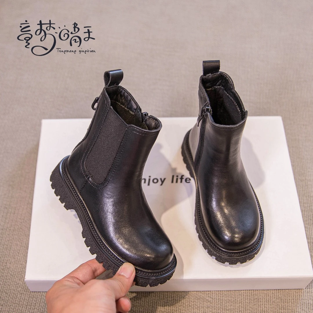 女童马丁靴2023新款儿童靴子春秋款皮鞋短靴大童鞋真皮黑色英伦风