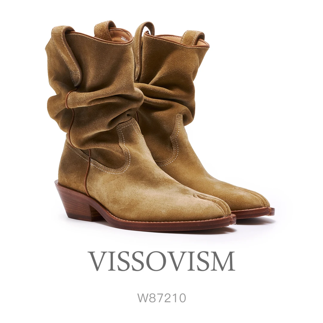 VISSOVISM复古真皮褶皱分趾堆堆牛蹄短靴   W87210