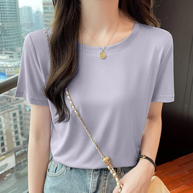 铜氨丝短袖t恤女2023夏季新款垂感宽松时尚气质洋派上衣面膜T恤