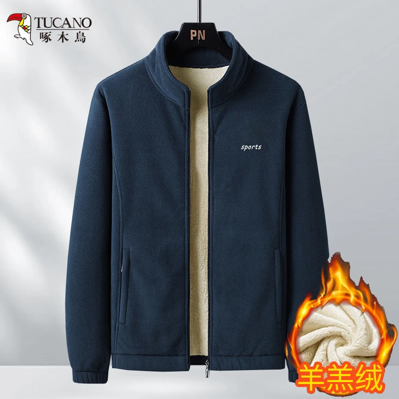 啄木鳥冬季加厚加绒保暖摇粒绒夹克男外套大码立领羊羔绒休闲宽松