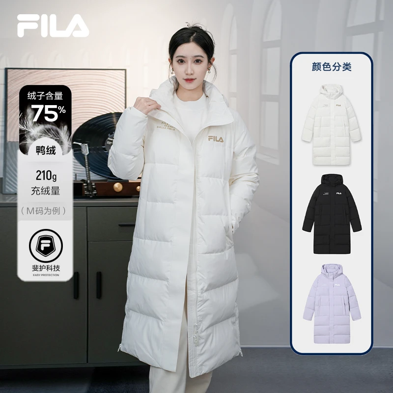 FILA斐乐女士防寒保暖加厚连帽冬季鸭绒中长款羽绒服F51W449910A