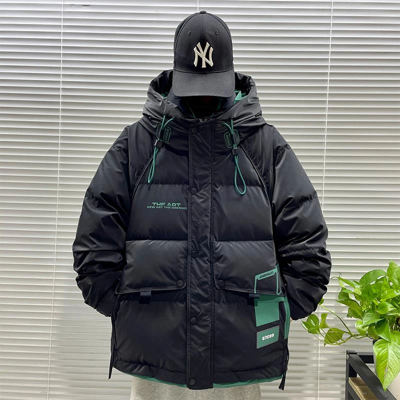 青少年中长款羽绒服男潮牌撞色冬季加厚连帽派克服白鸭绒保暖外套