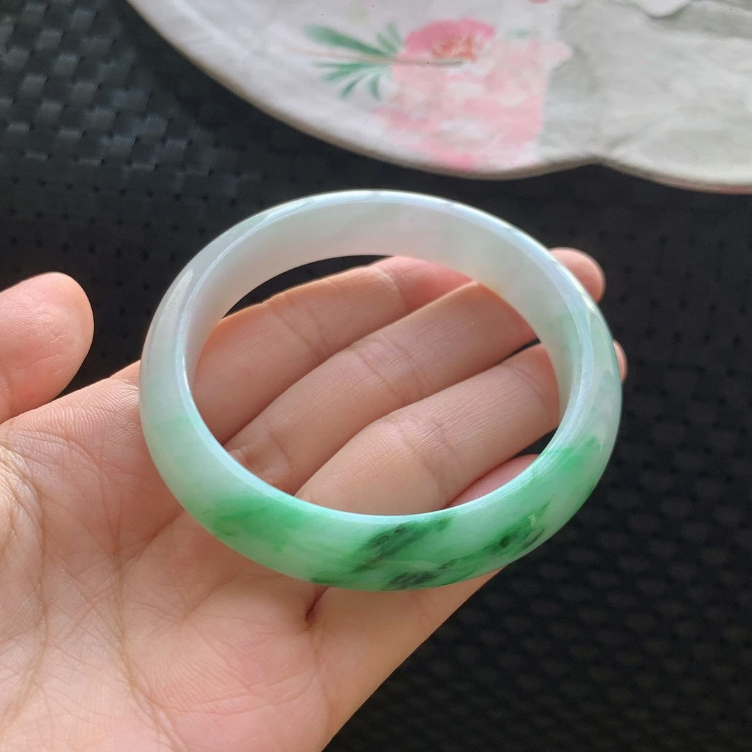 54圈天然翡翠A货细糯飘阳绿正圈时尚百搭女款少女妈妈玉手镯00733