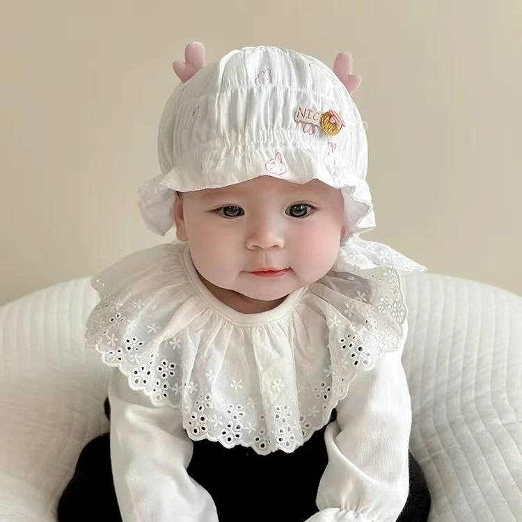 婴儿帽子夏季薄款女宝宝蕾丝宫廷帽洋气公主帽新生夏季遮阳防晒帽