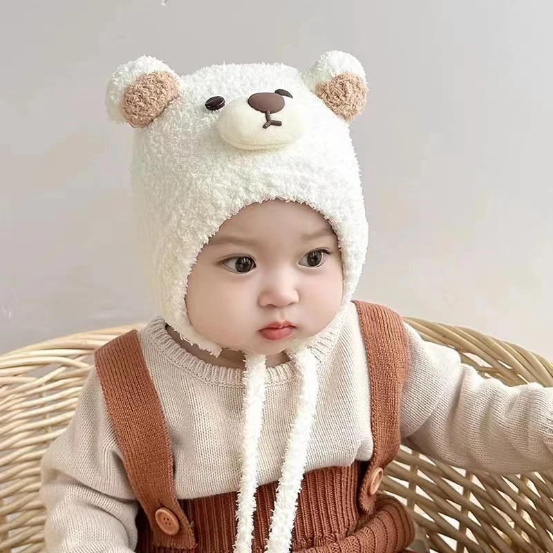 秋冬款婴儿帽子男女宝宝可爱小熊护耳帽婴幼儿冬季加厚保暖毛绒帽