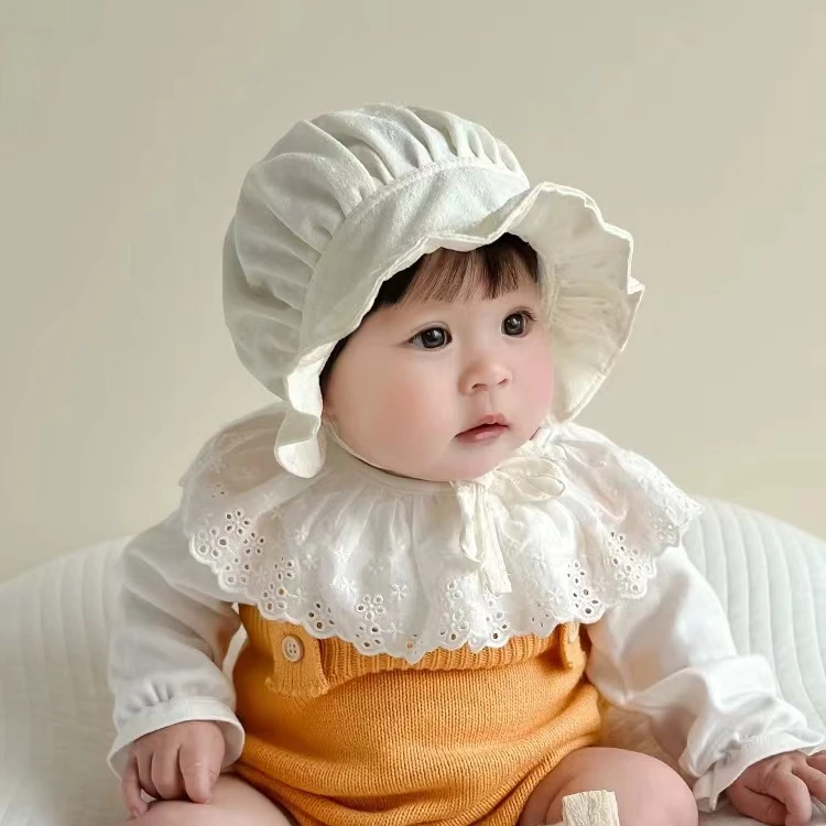 婴儿帽子春秋款婴幼儿公主遮阳帽可爱新生儿女宝宝蕾丝宫廷帽薄款