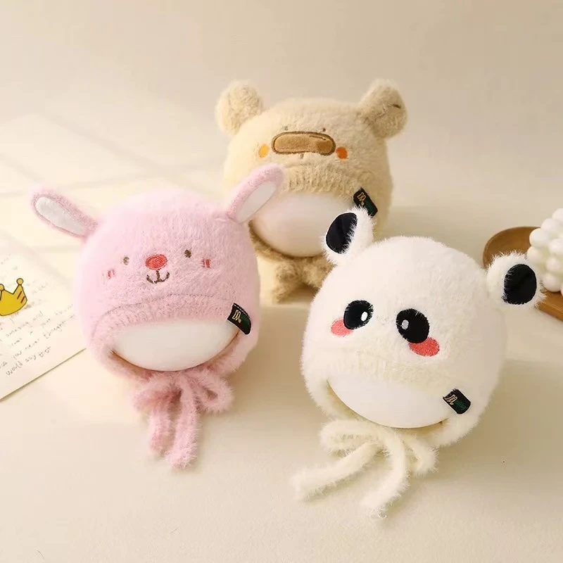 婴儿护耳帽秋冬季保暖加厚可爱毛绒帽男女宝宝小月龄系带护耳帽冬