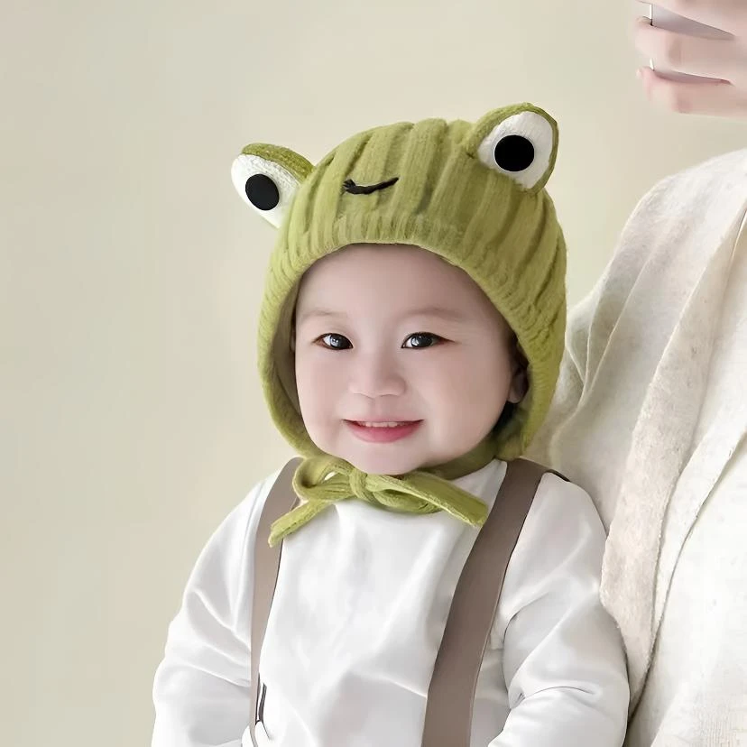 婴幼儿帽子可爱青蛙护耳帽秋冬季韩版针织防风男女宝宝冬天保暖厚