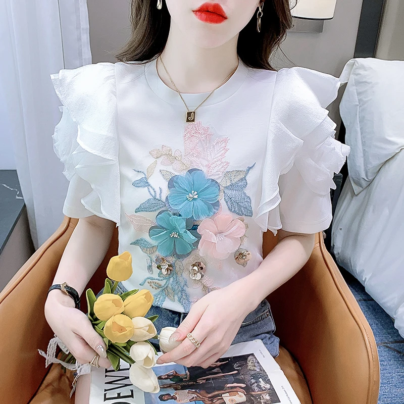 ZZ白色t恤女短袖设计感小众夏装新款独特别致泡泡袖上衣洋气夏季