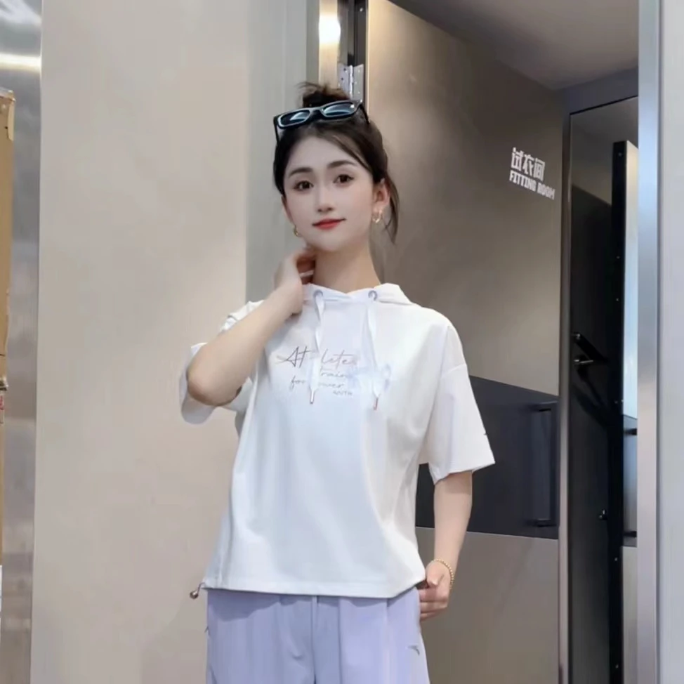 安踏2024新款训练针织短袖女款透气夏季宽松休闲帽衫162427125-LL
