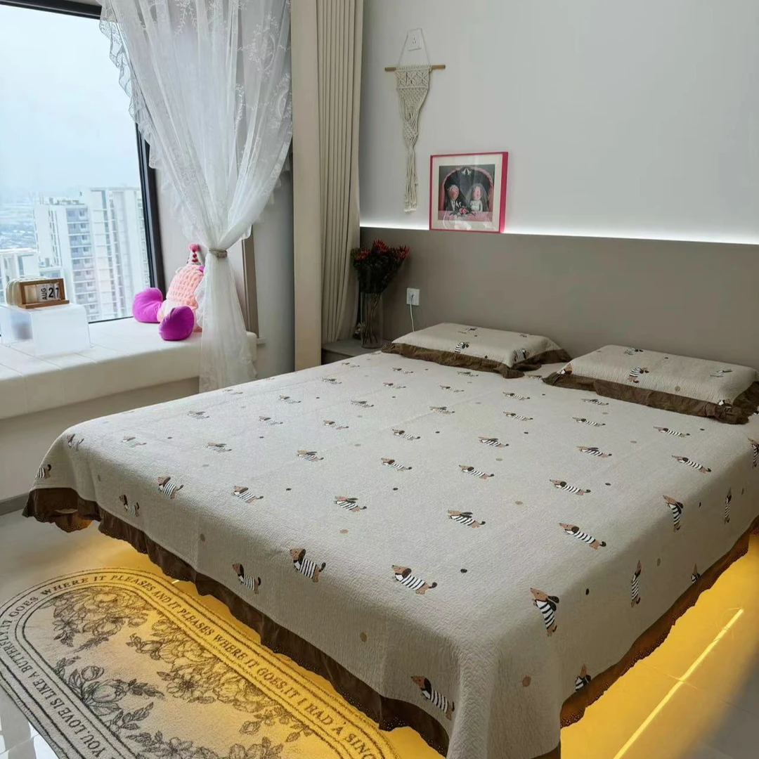 【韩同学】法式花边全棉绗缝款床盖三件套填充物棉花柔软亲肤小清新