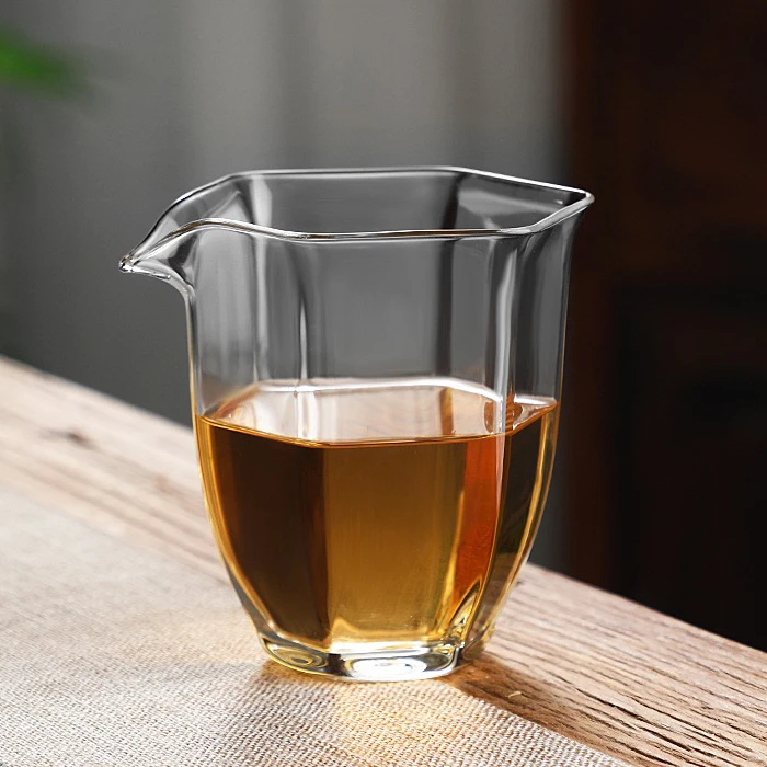 六角茶道玻璃公道杯大容量分茶器耐高温加厚透明泡茶匀公道杯玻璃
