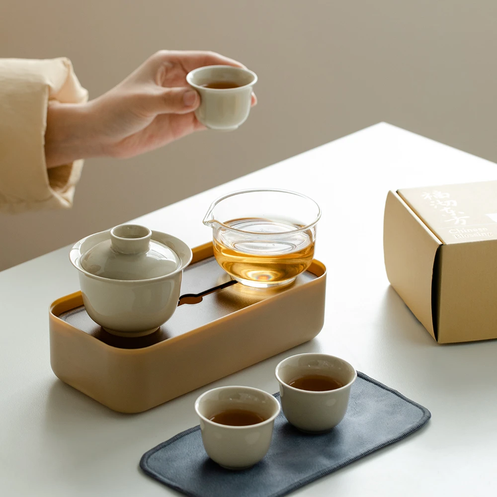 福沏东方户外旅行便携式茶具陶瓷快客杯一壶三杯功夫茶器茶具套装