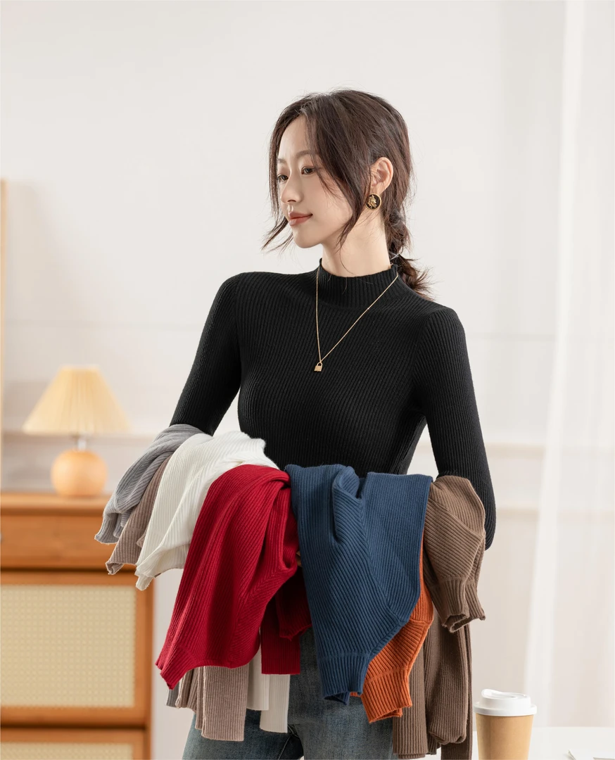 气质半高领大码针织衫女2023秋冬新款纯色内搭紧身修身打底衫毛衣