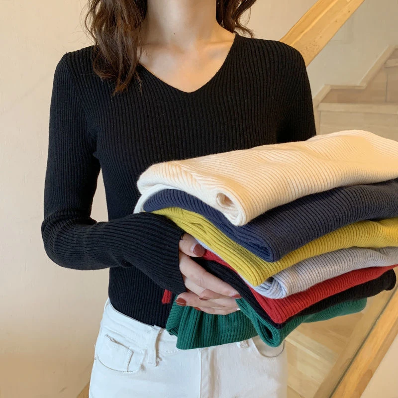 秋冬低领V领针织衫大码套头毛衣打底衫女小香风百搭纯色修身紧