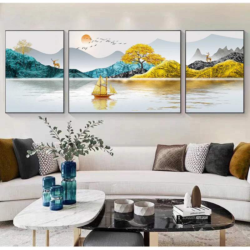 客厅背靠金山三联画背景画挂画装饰画晶瓷镶钻沙发轻奢