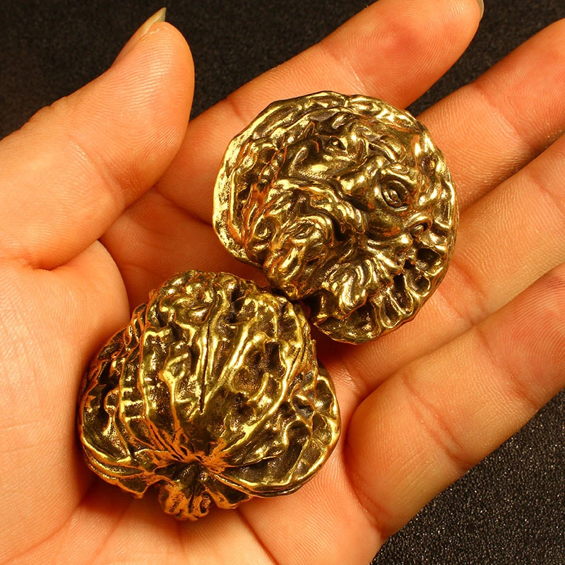 黄铜核桃一对实心摆件手把件文玩 锻炼手经 送长辈礼物手工金色