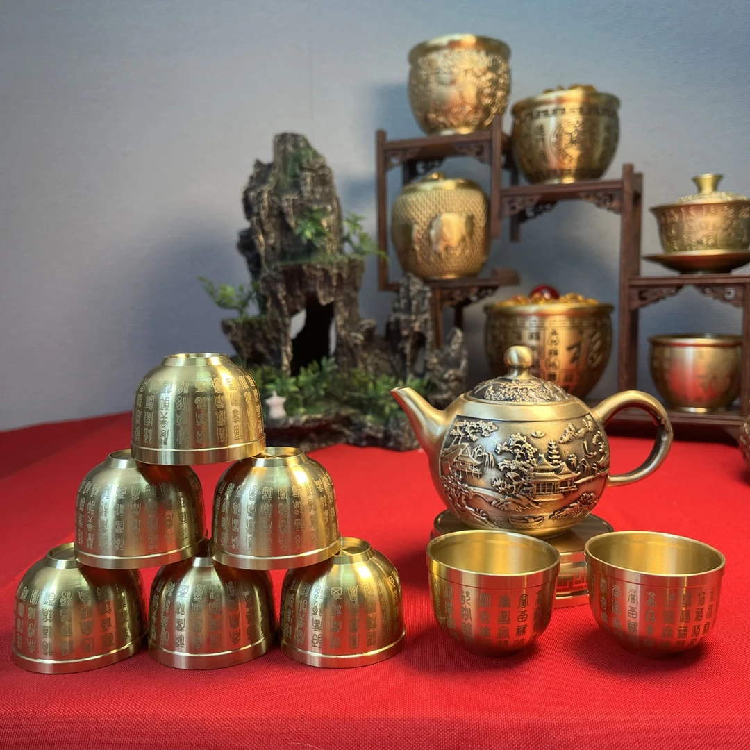 【送底座+8个百福茶杯】高档中式黄铜茶壶套装复古创意工艺品摆件