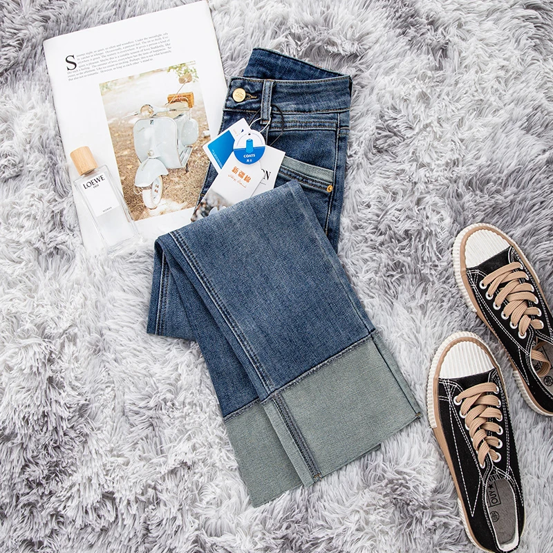 美思源直筒牛仔裤女夏季薄款2025新款小个子撞色高腰烟管九分裤