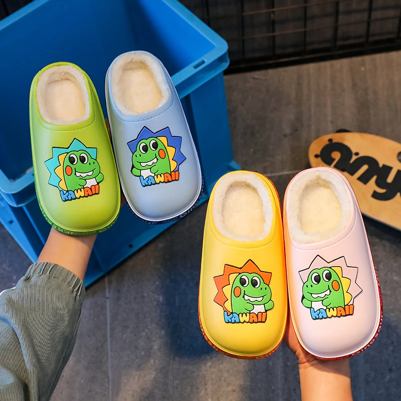 防水儿童棉拖鞋秋冬季男童室内卡通恐龙毛绒保暖外穿防滑宝宝棉鞋